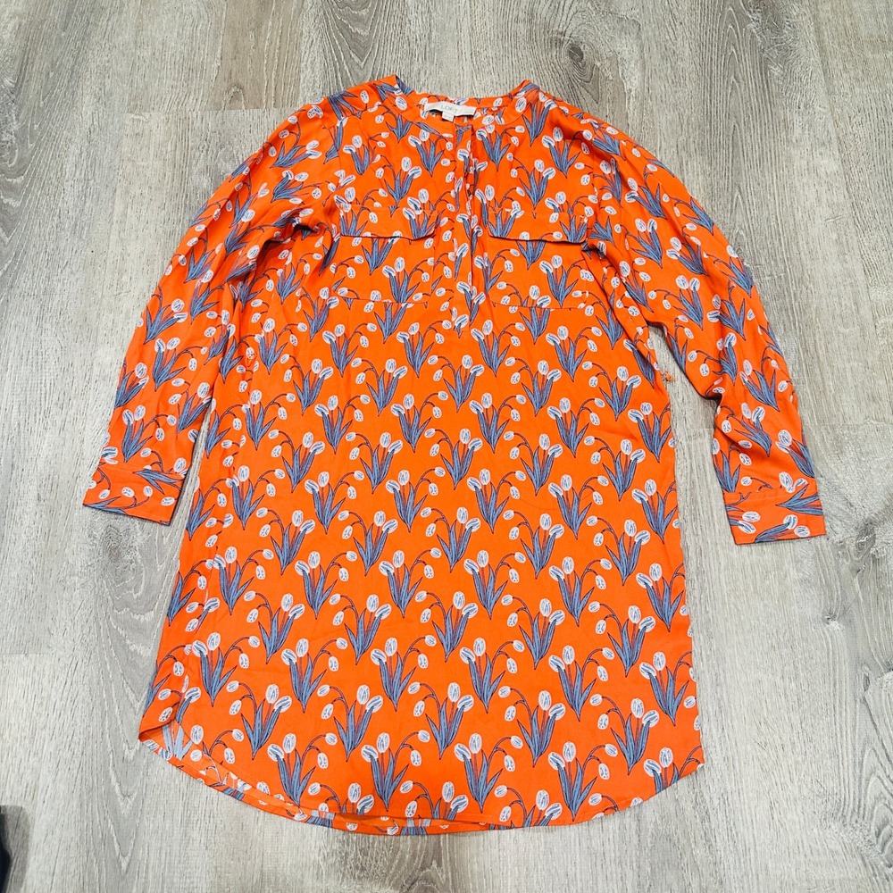 Loft Dress Petites XS Orange Floral Tulip Shirt Dress Long Sleeve Tie Waist XSP - Picture 10 of 16